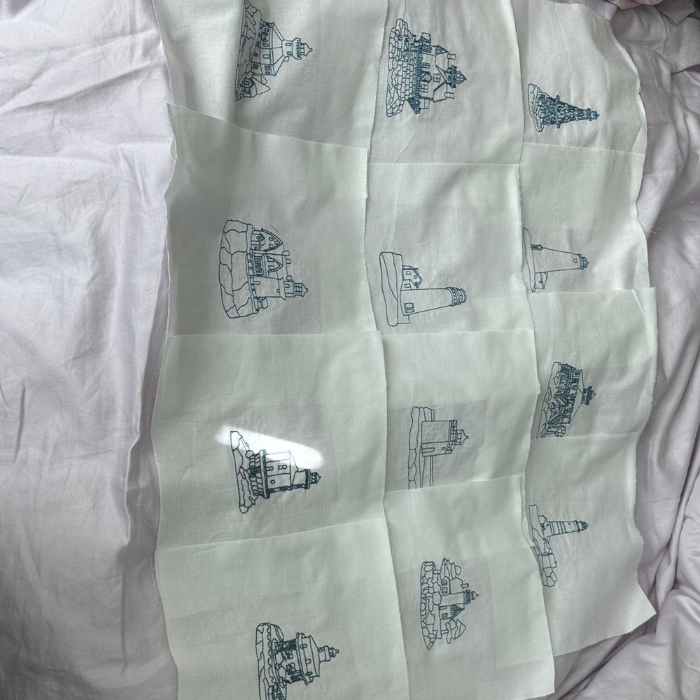 Cotton White Fabric with Embroidered Blue Lighthouse Prints - 18 pc